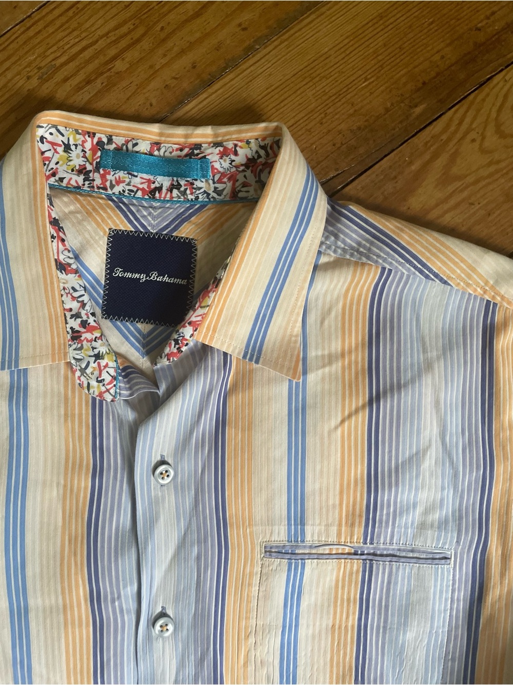 Tommy Bahama Men's Multi-Stripe Button Down Shirt in Blue and Yellow